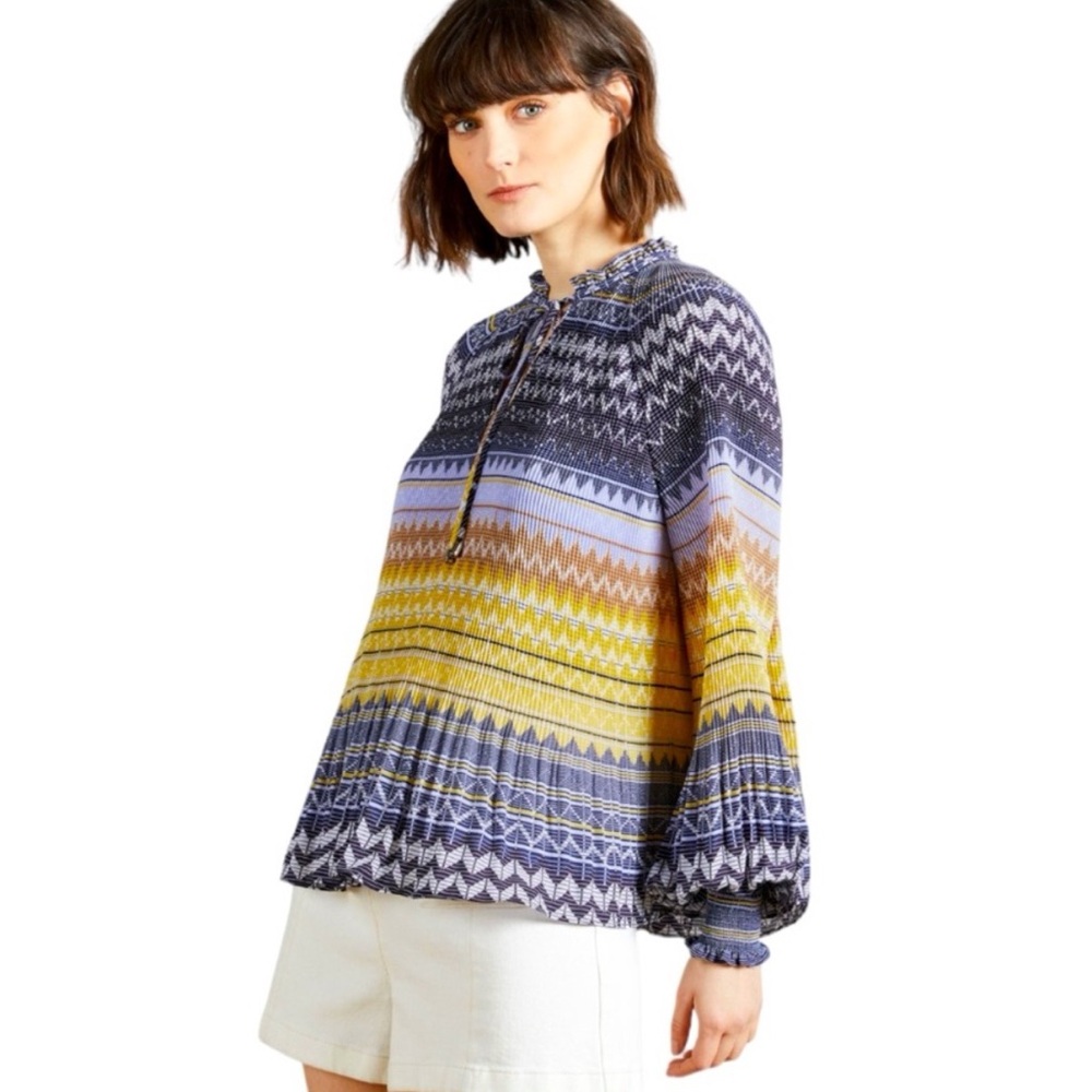TED BAKER Deliie Geo Print Pleated Blouse Blue Yellow Tie Neck Size 0 (2/XS)